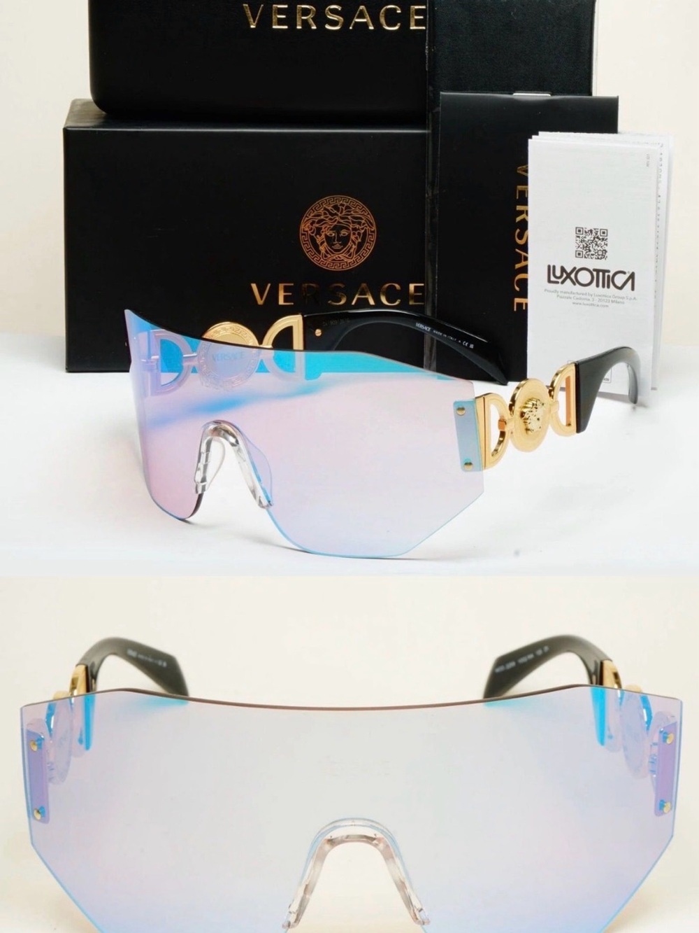 Versace Iridescent Pink-Blue Shield Sunglasses with Gold Accents NWT!